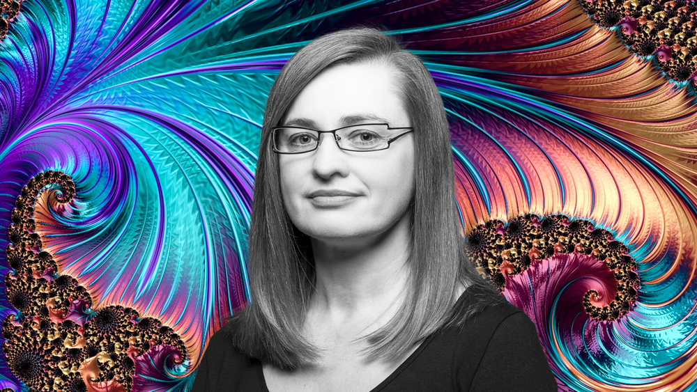 Dr Monika Kaźmierczak against the background of a fractal composition