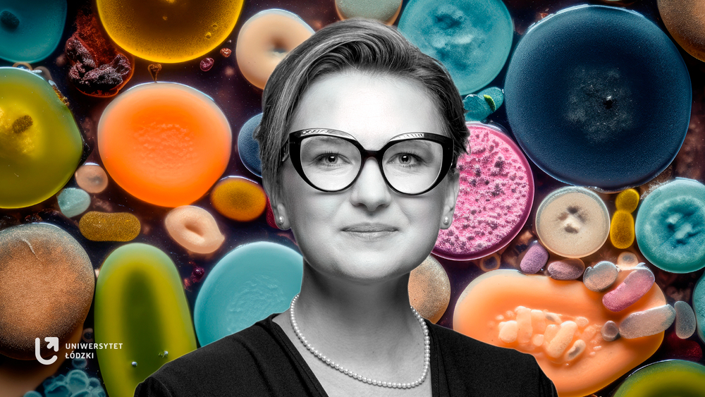 Dr Karolina Rudnicka na tle kolorowej różnorodność mikroorganizmów wewnątrz płytki Petriego. Tło wygenerowane za pomocą sztucznej inteligencji.