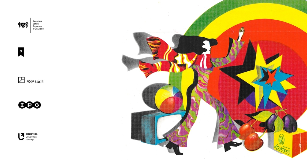 Kolorowy kolaż. Barwna postać w kostiumie i z długim szalem, dziecięca piłka,telewizor i owoce. W tle kolorowe koła.