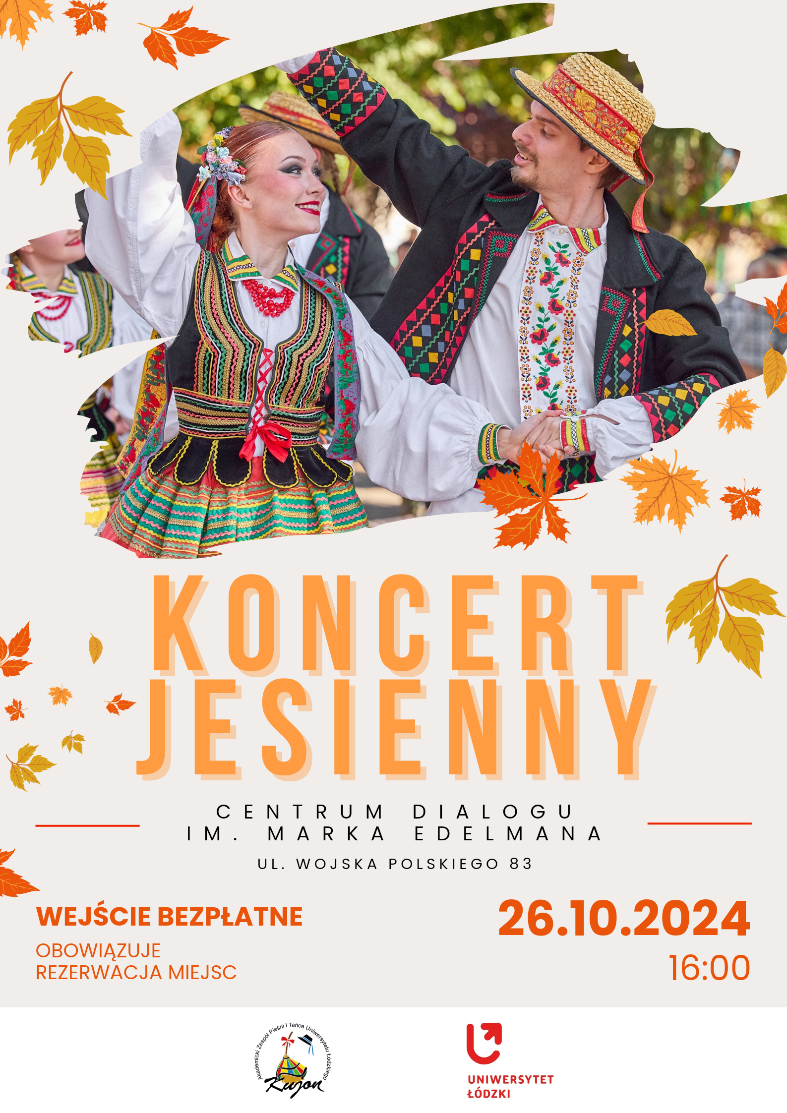 grafika przedstawia napis: koncert jesienny, Centrum Dialogu im. Marka Edelmana, ul. Wojska Polskiego 68, 26.10.2024, 16:00