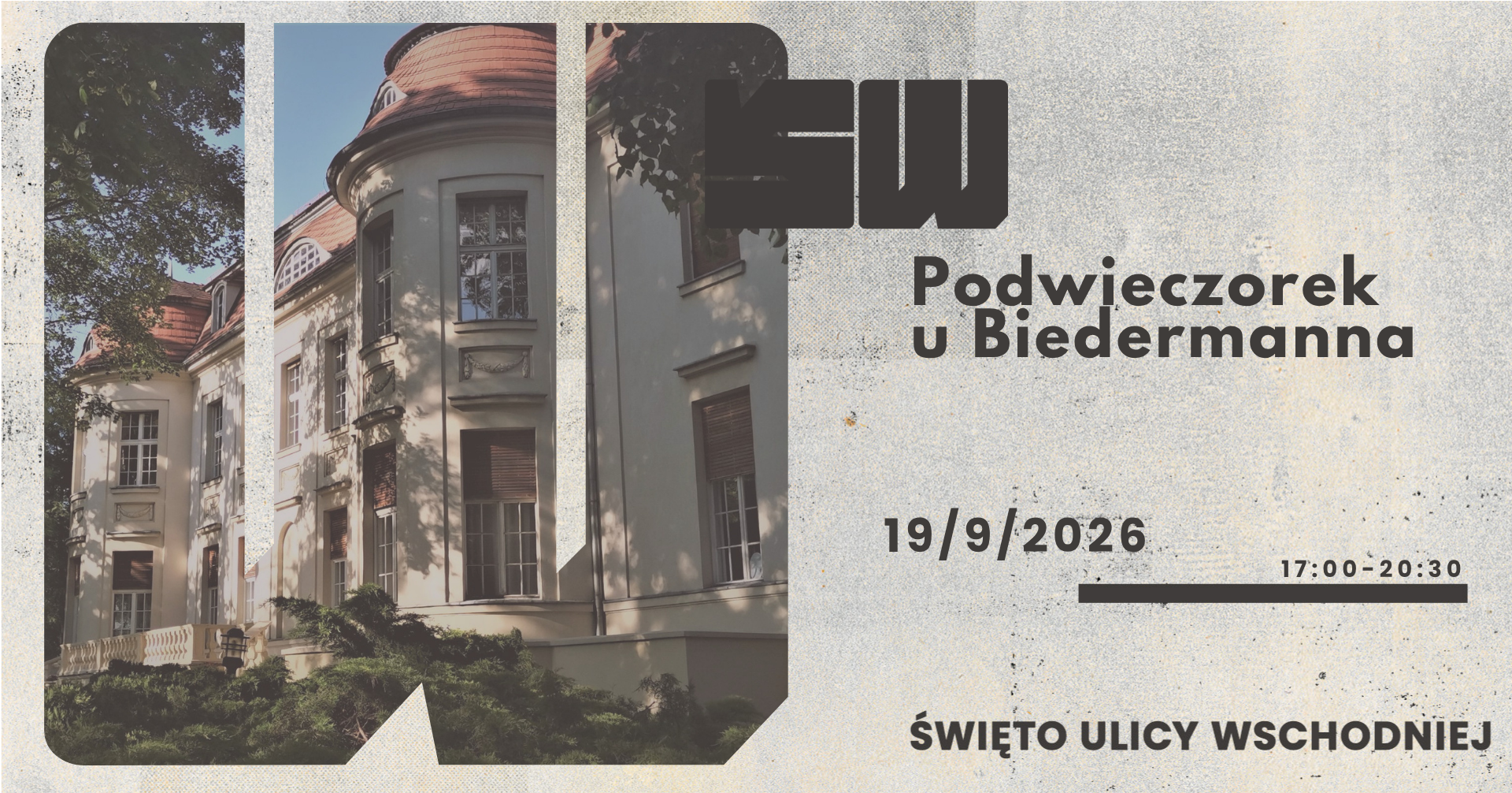 Na zdjęciu widać teksty. Jest to plakat informujący o wydarzeniu Podwieczorek u Biedermanna.