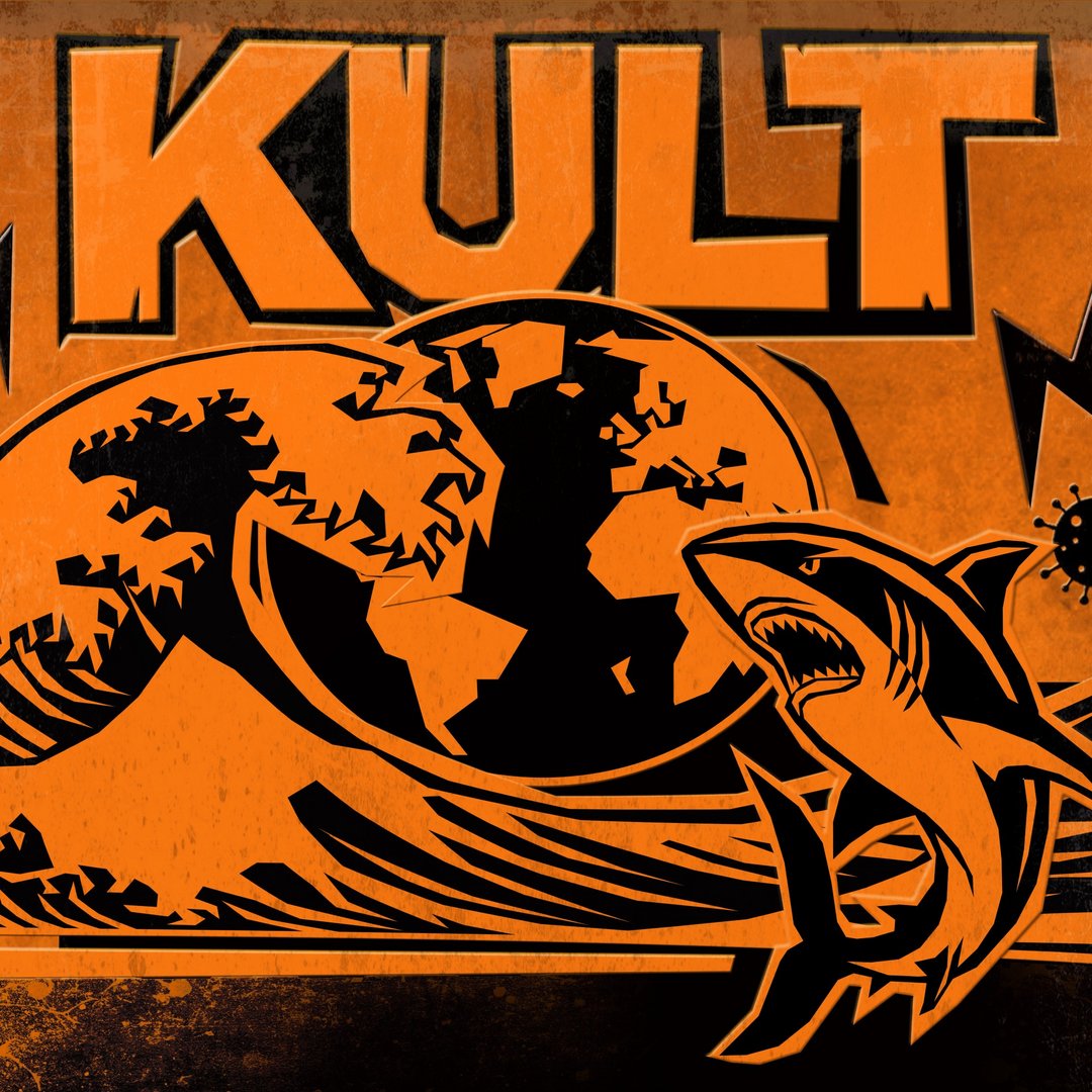 Na zdjęciu widać teksty. Jest to plakat informujący o koncercie zespołu KULT. Widać na nim też rekina. Całość w kolorach brązowym, pomarańczowym i czarnym..