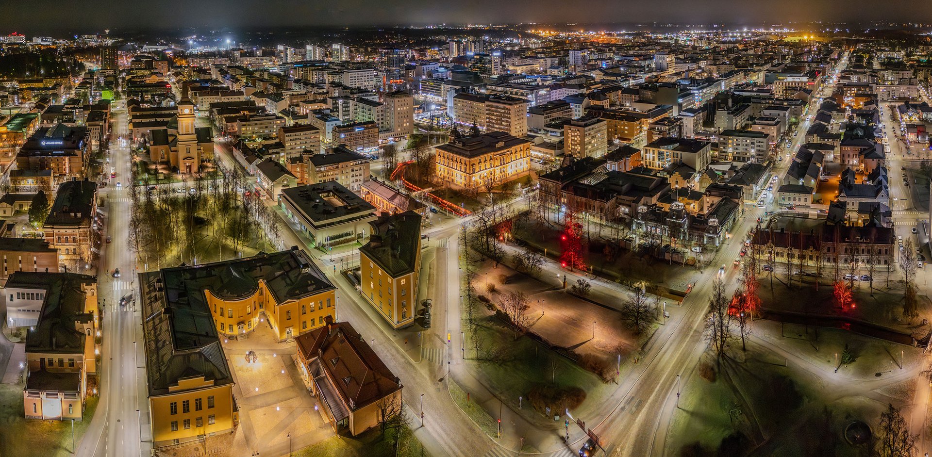 Oulu at night from a bird's eye view