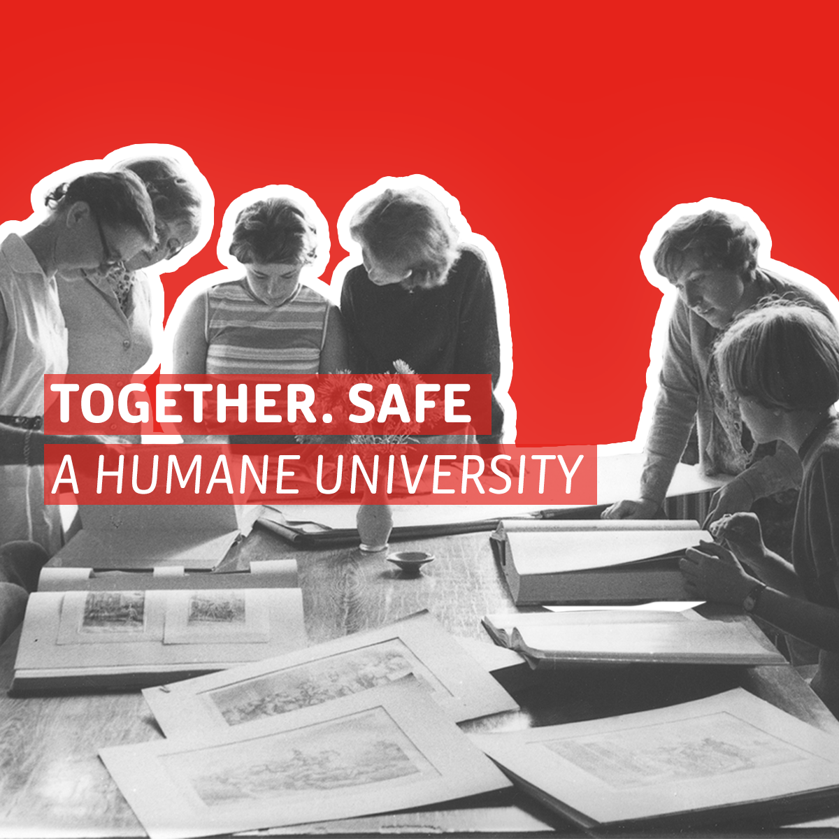 Photo of women against a red background. Text: Together. Safely. University of Lodz