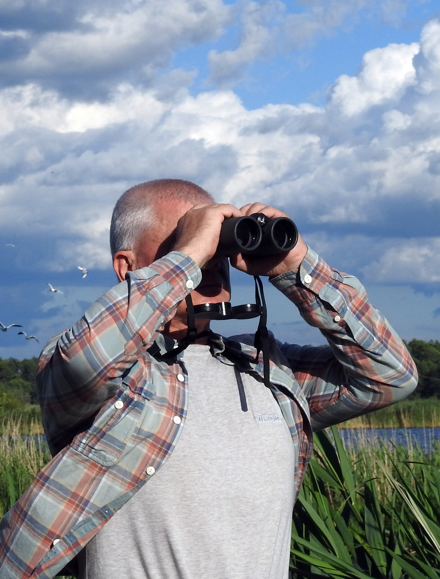 Prof. Jerzy Bańbura obserwujący ptaki przez lornetkę