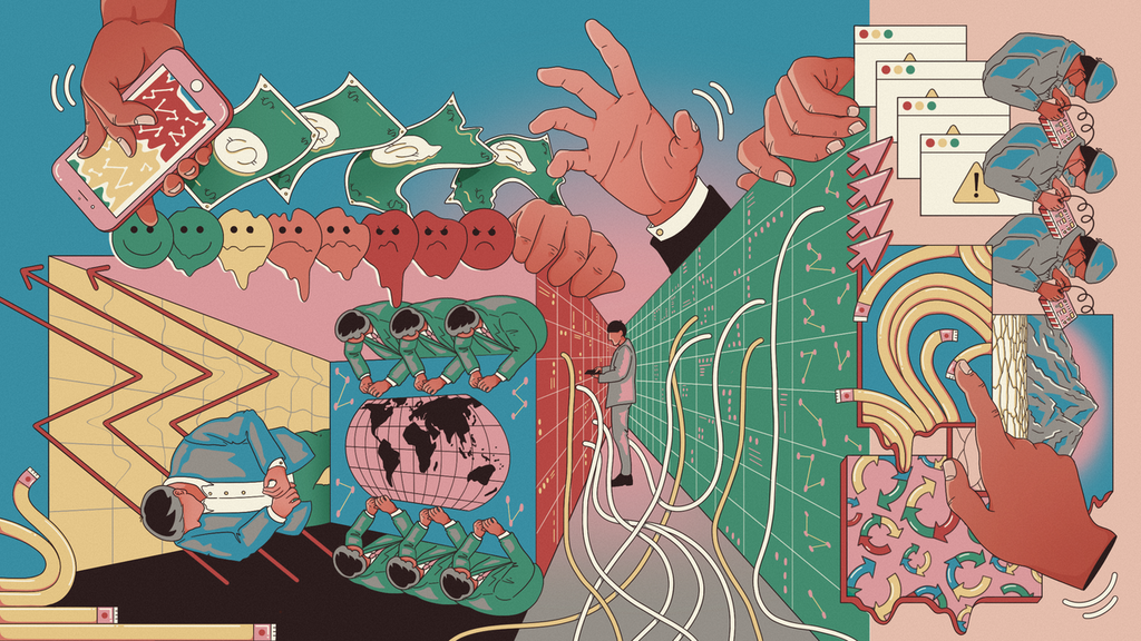 Obraz korporacyjną władzę i zyski utrzymywane dzięki wyzyskowi, kontroli i dominacji, skoncentrowane w rękach nielicznych decydentów, którzy są w większości biali i w większości mężczyznami.