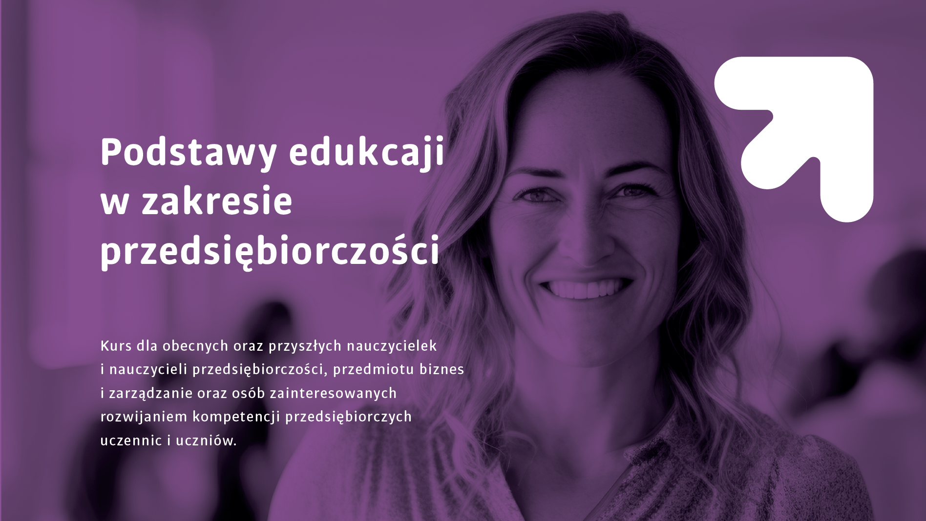 Tytuł kursu oraz uśmiechnięta kobieta w średnim wieku