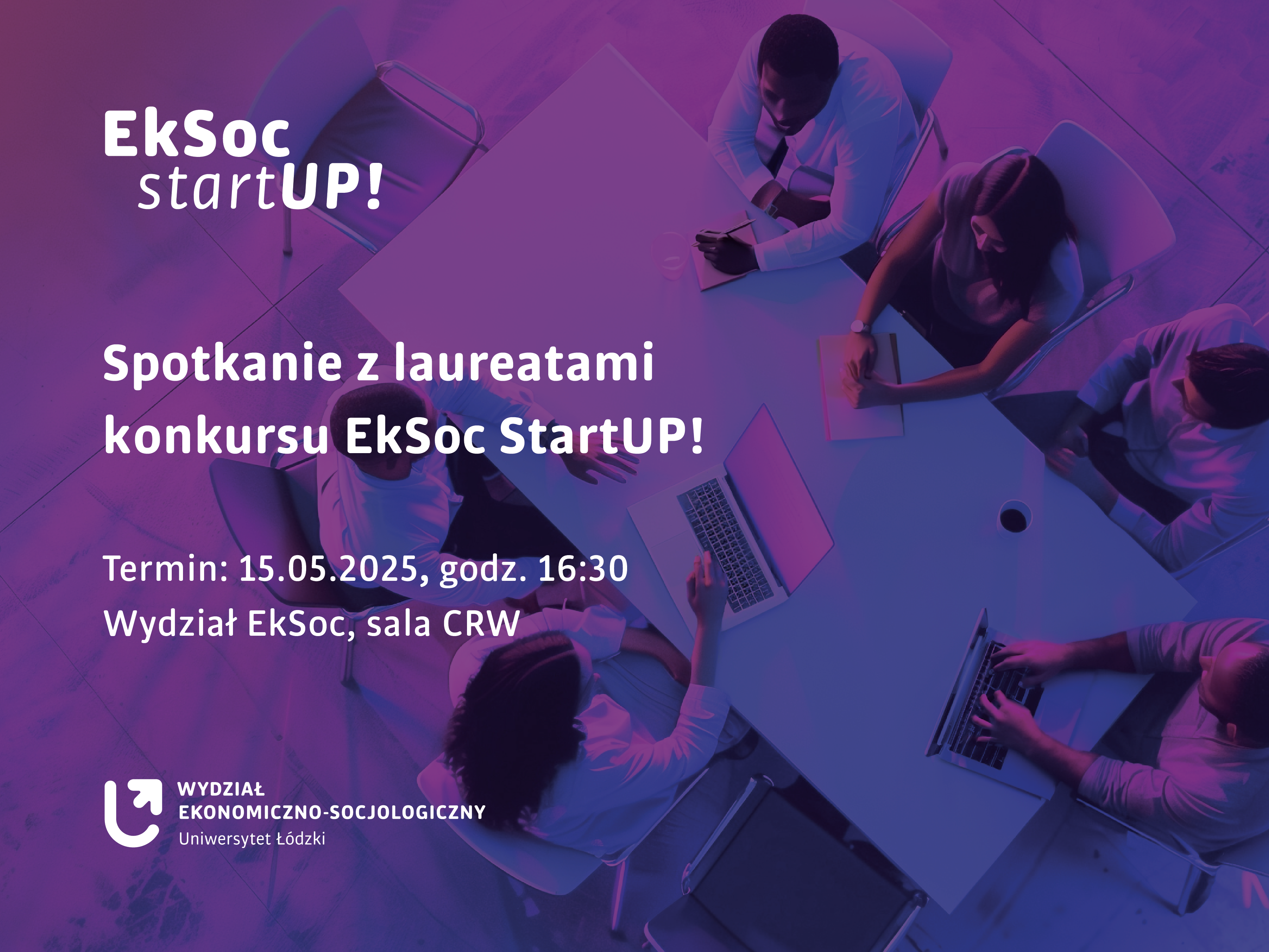 grafika informująca o spotkaniu z laureatami konkursu EkSoc startUP!