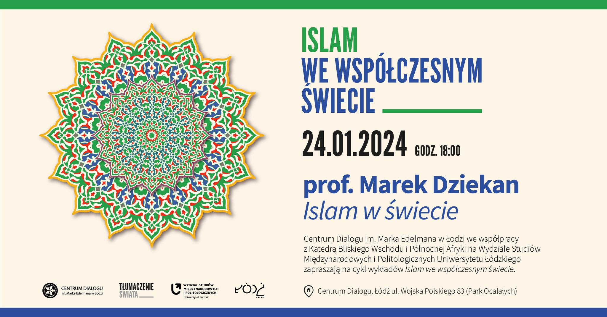 plakat informacyjny o wydarzeniu zawierający tekst i grafikę ozdobną w kolorze niebieskim i zielonym