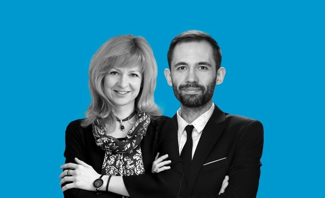 A woman and a man on a blue background A woman and a man on a blue background