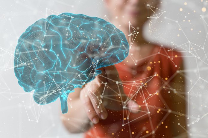 Animacja mózgu i sieci powiązań, w tle kobieta wyciąga rękę