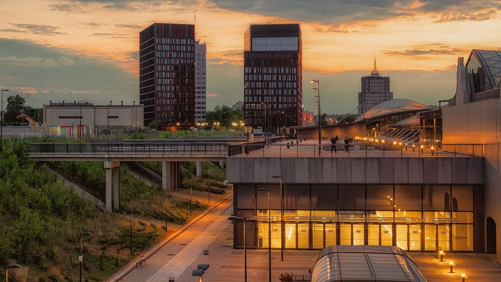 the city of Łódź in the evening