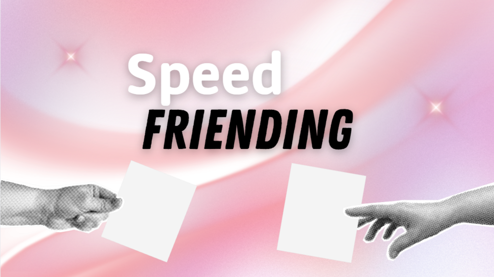 Dwie dłonie podające sobie kartki, napis Speed Friending