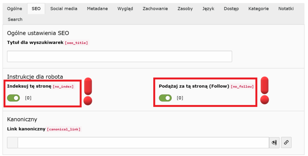 Zrzut ekranu pokazuje miejsca, które należy wyłączyć, aby strona nie była indeksowana.