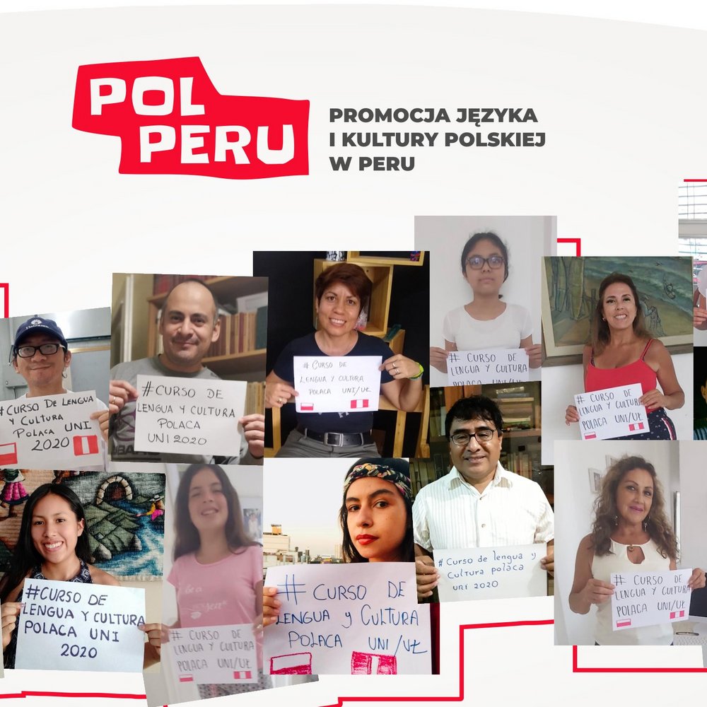 Several people with Polish flag in the background Kilka osób na tle polskiej flagi