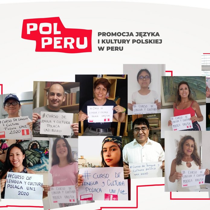 Several people with Polish flag in the background Kilka osób na tle polskiej flagi