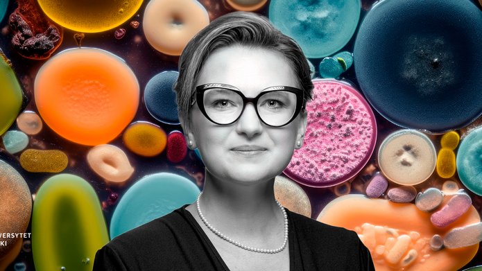 [Translate to English:] Dr Karolina Rudnicka na tle kolorowej różnorodność mikroorganizmów wewnątrz płytki Petriego. Wygenerowane za pomocą sztucznej inteligencji.