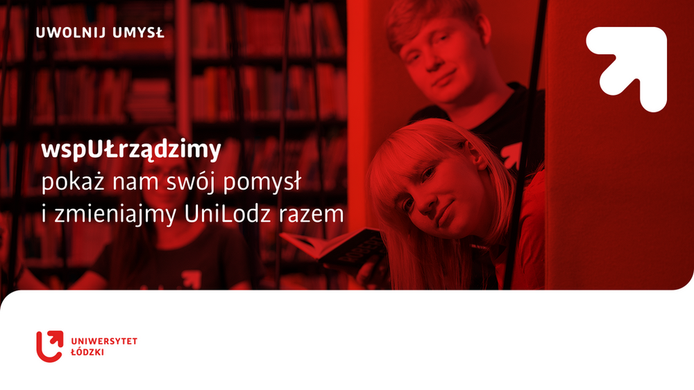 Dziewczyna i chłopak w bibliotece, na czerwonym tle 