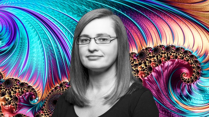 Dr Monika Kaźmierczak against the background of a fractal composition