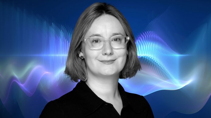 Dr Justyna Anders-Morawska against the background of graphics resembling a sound wave