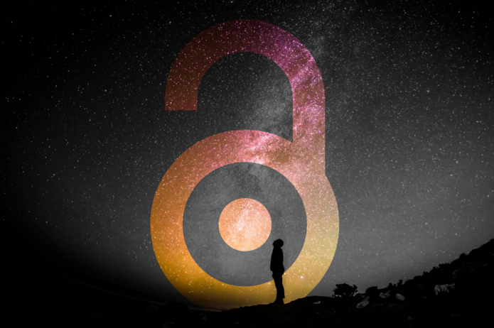 Otwarta kłódka (logo Open Access Week) na tle nieba.