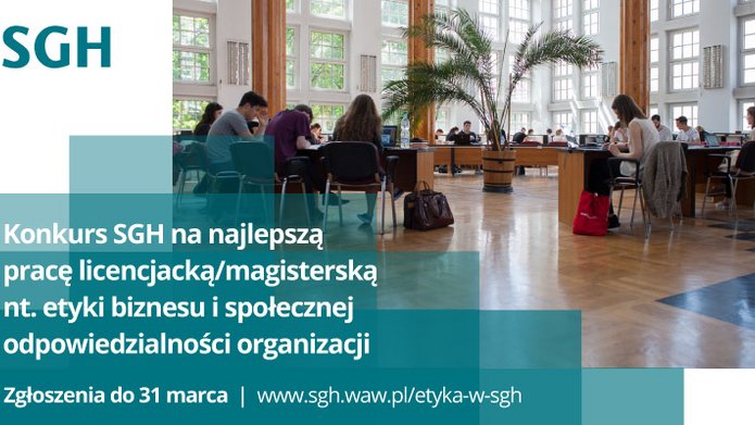 plakat konkursu Szkoły Wyższej Handlowej na najlepszą pracę dyplomową z zakresu etyki; kolorystyka plakatu utrzymana jest głównie w tonacji szmaragdowej i przedstawia w centralnym planie grupę studentów siedzących za biurkami