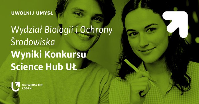 dwie młode osoby patrzące w kamerę z napisem dot. wyników konkursu Science HUB UŁ dla Wydziału Biologii i Ochrony Środowiska w kolorze tego Wydziału