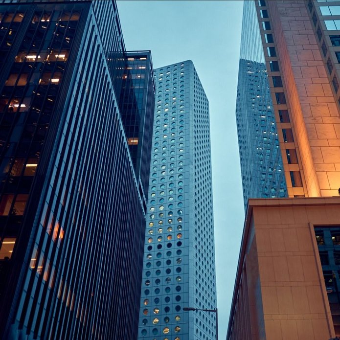 a photo of a city in the evening