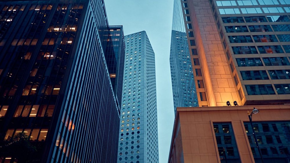 a photo of a city in the evening