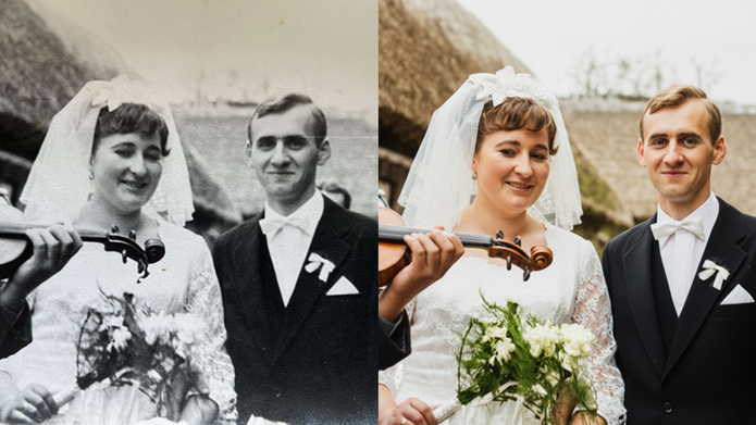The author's grandparents in an archive photo coloured by AI