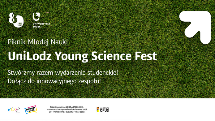 Napis: Piknik Młodej Nauki UniLodz Young Science Fest na tle zielonej trawy 