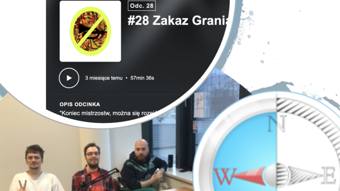 kolaż: zdjęcie 3 siedzących mężczyzn, kompas skierowany za zachód, fragment strony radia Jazz.fm