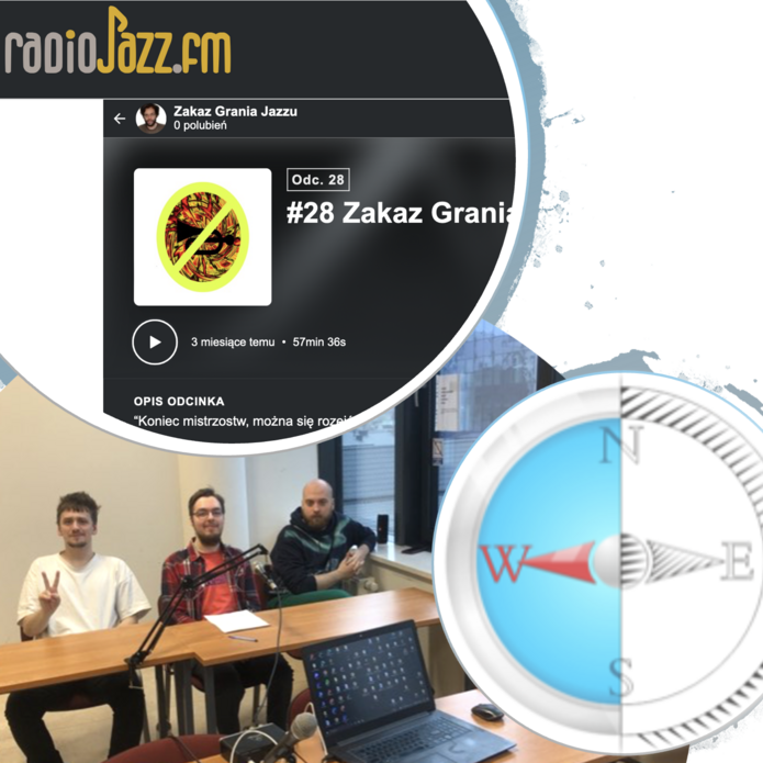kolaż: zdjęcie 3 siedzących mężczyzn, kompas skierowany za zachód, fragment strony radia Jazz.fm