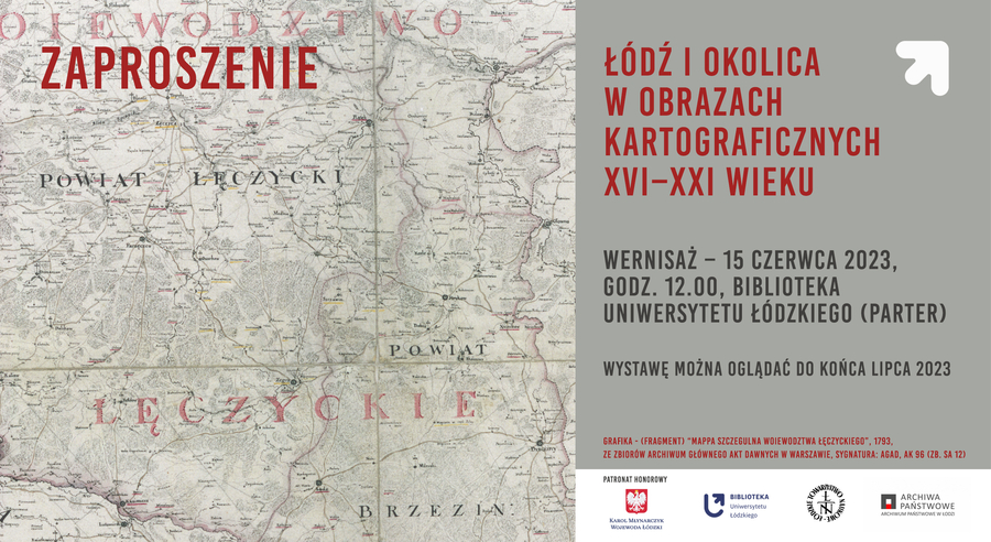Zaproszenie na wystawę z przedstawionym na nim fragmentem mapy województwa łęczyckiego z 1793 roku.