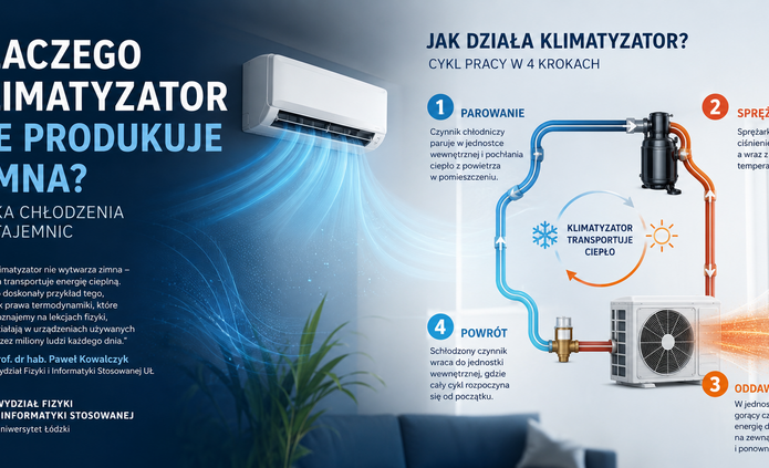Infografika w poziomym układzie wyjaśniająca zasadę działania klimatyzatora. Lewa część ma ciemnoniebieskie tło z dużym tytułem: „Dlaczego klimatyzator nie produkuje zimna? Fizyka chłodzenia bez tajemnic”. Obok tytułu znajduje się nowoczesna jednostka wewnętrzna klimatyzatora zamontowana na ścianie, z której wydobywają się niebieskie smugi symbolizujące chłodny nawiew. Poniżej umieszczono wyróżniony cytat wyjaśniający, że klimatyzator nie wytwarza zimna, lecz transportuje energię cieplną zgodnie z prawami termodynamiki. W dolnej części widoczny jest fragment nowoczesnego salonu z rośliną doniczkową. Prawa część infografiki przedstawia schemat działania klimatyzatora. Pokazano zamknięty obieg czynnika chłodniczego łączący jednostkę wewnętrzną z jednostką zewnętrzną. Niebieskie przewody oznaczają chłodniejszy czynnik odbierający ciepło z pomieszczenia, a pomarańczowe – gorący czynnik transportujący ciepło na zewnątrz. Na schemacie zaznaczono sprężarkę oraz kierunek przepływu czynnika za pomocą strzałek. Proces podzielono na cztery etapy: (1) parowanie – czynnik chłodniczy pochłania ciepło z powietrza w pomieszczeniu, (2) sprężanie – sprężarka zwiększa jego ciśnienie i temperaturę, (3) oddawanie ciepła – jednostka zewnętrzna przekazuje ciepło do otoczenia, (4) powrót – schłodzony czynnik wraca do jednostki wewnętrznej i cykl rozpoczyna się od nowa. W centrum znajduje się graficzny symbol obiegu ciepła ze śnieżynką i słońcem oraz napis „Klimatyzator transportuje ciepło”. Grafika ma charakter edukacyjny i pokazuje, że klimatyzator nie produkuje zimna, lecz przenosi energię cieplną z wnętrza budynku na zewnątrz.