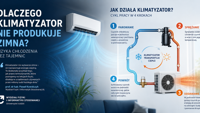Infografika w poziomym układzie wyjaśniająca zasadę działania klimatyzatora. Lewa część ma ciemnoniebieskie tło z dużym tytułem: „Dlaczego klimatyzator nie produkuje zimna? Fizyka chłodzenia bez tajemnic”. Obok tytułu znajduje się nowoczesna jednostka wewnętrzna klimatyzatora zamontowana na ścianie, z której wydobywają się niebieskie smugi symbolizujące chłodny nawiew. Poniżej umieszczono wyróżniony cytat wyjaśniający, że klimatyzator nie wytwarza zimna, lecz transportuje energię cieplną zgodnie z prawami termodynamiki. W dolnej części widoczny jest fragment nowoczesnego salonu z rośliną doniczkową. Prawa część infografiki przedstawia schemat działania klimatyzatora. Pokazano zamknięty obieg czynnika chłodniczego łączący jednostkę wewnętrzną z jednostką zewnętrzną. Niebieskie przewody oznaczają chłodniejszy czynnik odbierający ciepło z pomieszczenia, a pomarańczowe – gorący czynnik transportujący ciepło na zewnątrz. Na schemacie zaznaczono sprężarkę oraz kierunek przepływu czynnika za pomocą strzałek. Proces podzielono na cztery etapy: (1) parowanie – czynnik chłodniczy pochłania ciepło z powietrza w pomieszczeniu, (2) sprężanie – sprężarka zwiększa jego ciśnienie i temperaturę, (3) oddawanie ciepła – jednostka zewnętrzna przekazuje ciepło do otoczenia, (4) powrót – schłodzony czynnik wraca do jednostki wewnętrznej i cykl rozpoczyna się od nowa. W centrum znajduje się graficzny symbol obiegu ciepła ze śnieżynką i słońcem oraz napis „Klimatyzator transportuje ciepło”. Grafika ma charakter edukacyjny i pokazuje, że klimatyzator nie produkuje zimna, lecz przenosi energię cieplną z wnętrza budynku na zewnątrz.