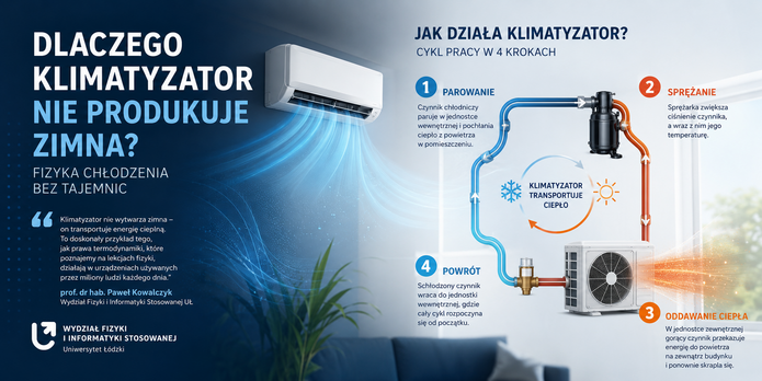 Infografika w poziomym układzie wyjaśniająca zasadę działania klimatyzatora. Lewa część ma ciemnoniebieskie tło z dużym tytułem: „Dlaczego klimatyzator nie produkuje zimna? Fizyka chłodzenia bez tajemnic”. Obok tytułu znajduje się nowoczesna jednostka wewnętrzna klimatyzatora zamontowana na ścianie, z której wydobywają się niebieskie smugi symbolizujące chłodny nawiew. Poniżej umieszczono wyróżniony cytat wyjaśniający, że klimatyzator nie wytwarza zimna, lecz transportuje energię cieplną zgodnie z prawami termodynamiki. W dolnej części widoczny jest fragment nowoczesnego salonu z rośliną doniczkową. Prawa część infografiki przedstawia schemat działania klimatyzatora. Pokazano zamknięty obieg czynnika chłodniczego łączący jednostkę wewnętrzną z jednostką zewnętrzną. Niebieskie przewody oznaczają chłodniejszy czynnik odbierający ciepło z pomieszczenia, a pomarańczowe – gorący czynnik transportujący ciepło na zewnątrz. Na schemacie zaznaczono sprężarkę oraz kierunek przepływu czynnika za pomocą strzałek. Proces podzielono na cztery etapy: (1) parowanie – czynnik chłodniczy pochłania ciepło z powietrza w pomieszczeniu, (2) sprężanie – sprężarka zwiększa jego ciśnienie i temperaturę, (3) oddawanie ciepła – jednostka zewnętrzna przekazuje ciepło do otoczenia, (4) powrót – schłodzony czynnik wraca do jednostki wewnętrznej i cykl rozpoczyna się od nowa. W centrum znajduje się graficzny symbol obiegu ciepła ze śnieżynką i słońcem oraz napis „Klimatyzator transportuje ciepło”. Grafika ma charakter edukacyjny i pokazuje, że klimatyzator nie produkuje zimna, lecz przenosi energię cieplną z wnętrza budynku na zewnątrz.