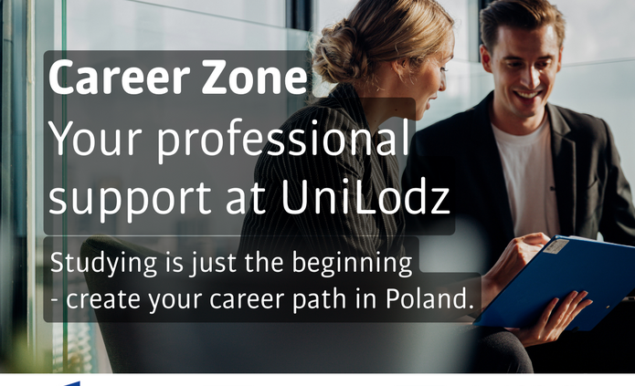 Promotional graphic showing two people talking in a modern office. A woman and a man sit next to each other and look at a document in a blue folder. In the center, on a semi-transparent dark panel, there is the text: “Career Zone – Your professional support at UniLodz.” Below it reads: “Studying is just the beginning – create your career path in Poland.” At the bottom of the graphic appear the logos of European Funds for Social Development, the Republic of Poland, the European Union, and NAWA (Polish National Agency for Academic Exchange)
