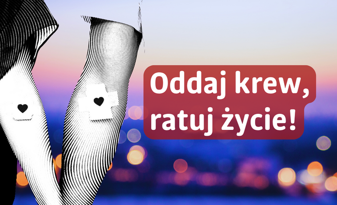 Grafika przedstawia stylizowane, czarno-białe fragmenty dwóch ramion widzianych z boku, z zaznaczonymi opatrunkami w miejscu pobrania krwi. Na opatrunkach widoczne są symbole serca. Tło stanowi rozmyty pejzaż miasta o zmierzchu, w odcieniach fioletu, różu i niebieskiego, z punktami świetlnymi przypominającymi miejskie światła. Po prawej stronie znajduje się czerwony, zaokrąglony prostokąt z białym napisem: „Oddaj krew, ratuj życie!”.