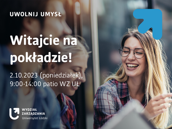 Zdjęcie przedstawia uśmiechniętą kobietę i tekst: Witajcie na pokładzie 2.10. 2023 (poniedziałek, 9:00-14:00
