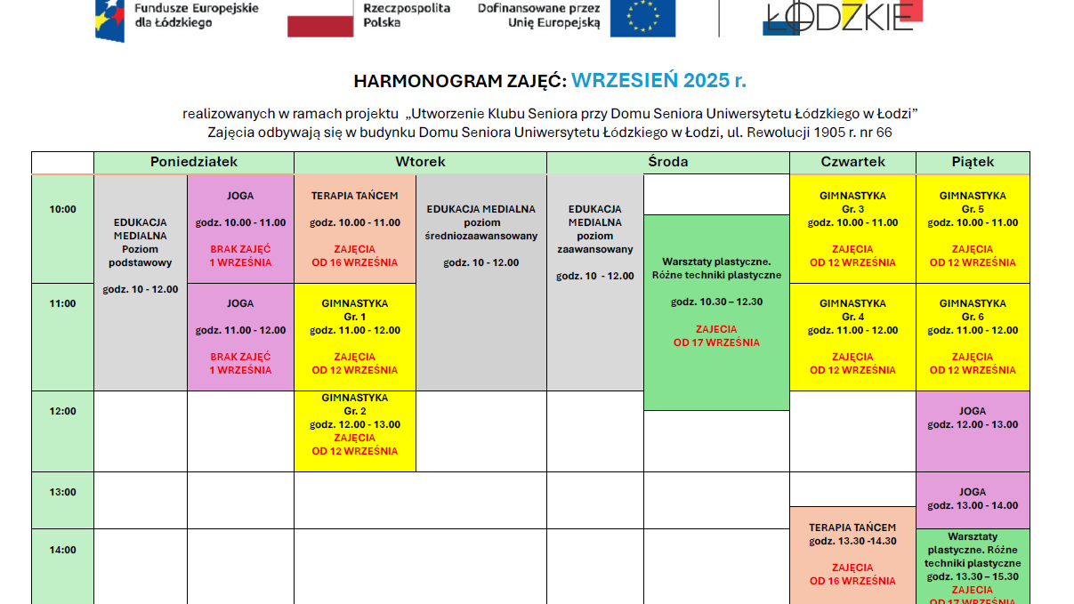 Harmonogram zajęć na wrzesień 2025 r.