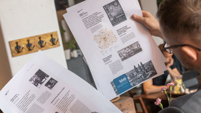 Grafika z wydrukiem zdjęć obiektów architektury z Łodzi. 