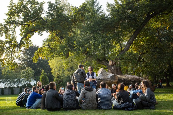 Students gathering in a park