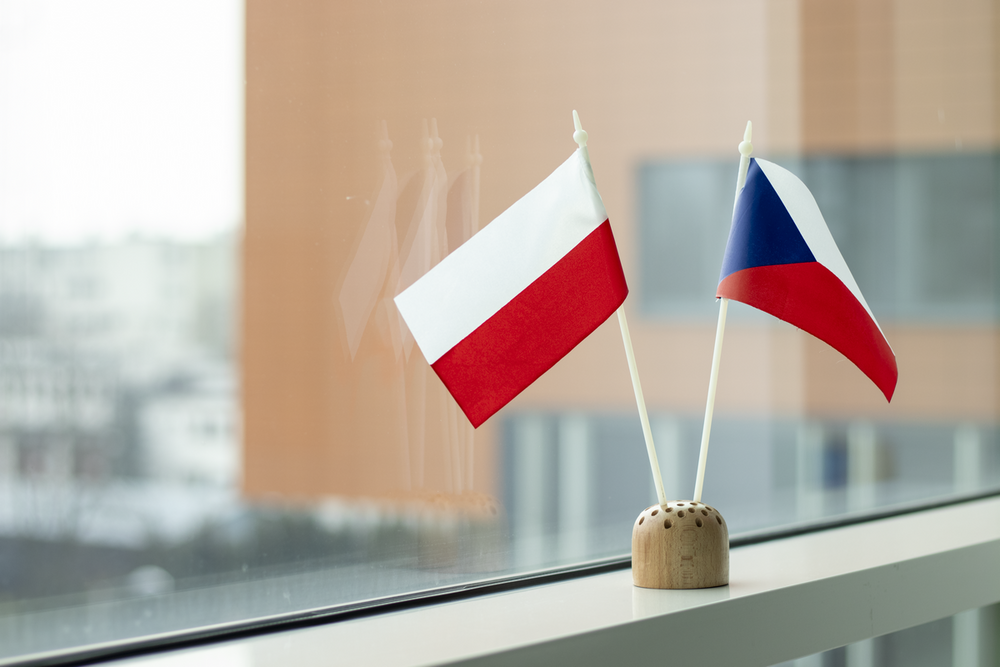 Flagi Polski i Czech na tle budynku wydziału