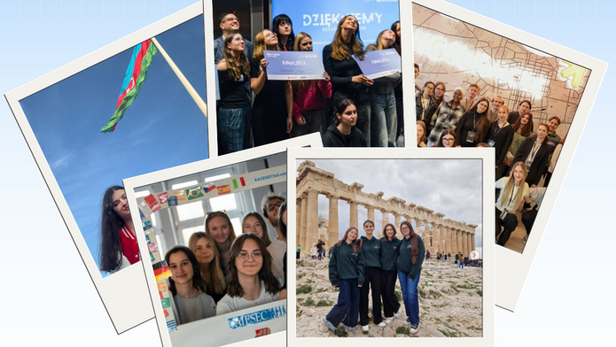 Promotional graphic AIESEC on a light blue grid background with logo “AIESEC Member” and “Join AIESEC” slogan “Start your international experience here!”. Below, collage of Polaroid-style photos showing groups of young people at events, holding certificates, standing together indoors, and visiting international locations including a monument resembling ancient Greek ruins and a national flag.