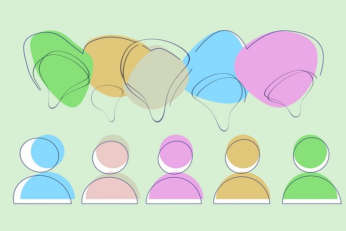 Na ilustracji widzimy pięć uproszczonych, kolorowych ikon przedstawiających postacie ludzkie – stylizowane na awatary. Każda z postaci ma inny kolor: niebieski, różowy, fioletowy, żółty i zielony. Nad każdą z tych postaci znajdują się kolorowe dymki rozmowy