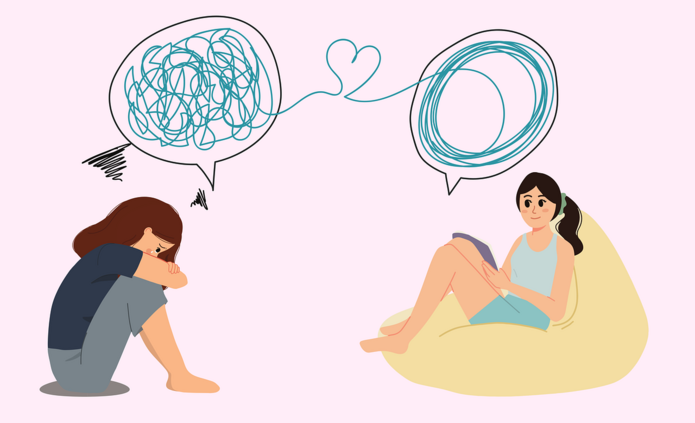 Jedna osoba siedzi skulona, nad nią rysunek symbolizujący natłok myśli i emocji. Druga osoba słucha z uważnością trudności pierwszej osoby