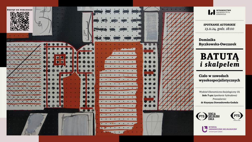 Grafika promocyjna jest podzielona na dwie części. Lewa strona to abstrakcyjny obraz w odcieniach czerwieni, czerni i bieli, z motywami kropkowanych i kratkowanych wzorów geometrycznych, przypominających schematy techniczne lub medyczne. Prawa strona zawiera tekst informacyjny dotyczący spotkania, podzielony graficznie na sekcje z prostymi liniami i czarnymi ramkami.