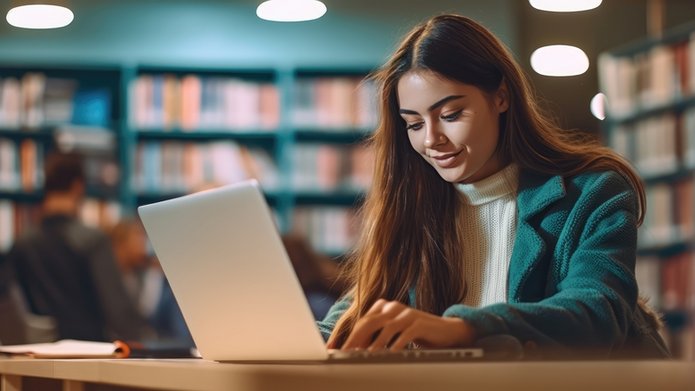 A girl sits in the library with an open laptop.
