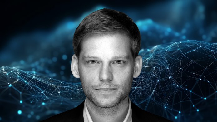 Prof. Mikołaj Deckert on a dark blue background symbolising a network of connections